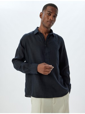 Koton Keten Gömlek Uzun Kollu Düğme Detaylı Gömlek Yaka