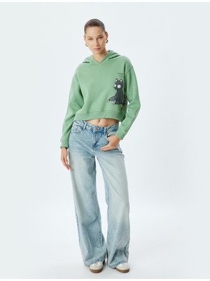 Koton Crop Oversize Sweatshirt Kapüşonlu Kedi Baskılı Şardonlu