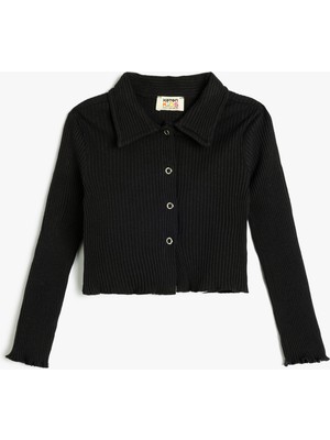 Koton Kız Çocuk Polo Yaka Uzun Kollu Ribanalı Pamuklu Tişört Günlük Stil Siyah