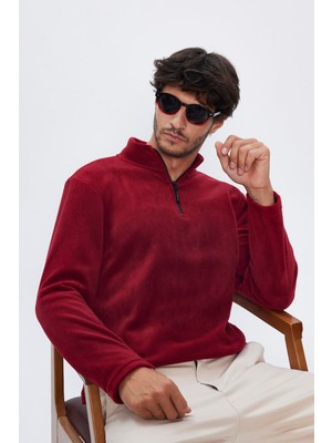 Tudors Erkek Dik Yaka Tüylenme Yapmayan Soğuk Geçirmez Standart Fit Rahat Kesim Polar Bordo Sweatshirt