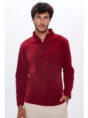 Tudors Erkek Dik Yaka Tüylenme Yapmayan Soğuk Geçirmez Standart Fit Rahat Kesim Polar Bordo Sweatshirt