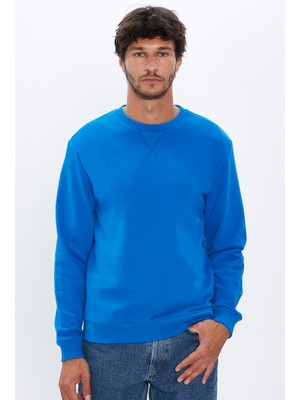 Tudors  Relax Fit Rahat Kesim  Pamuk Basic Saks Mavi Bisiklet Yaka Sweatshirt