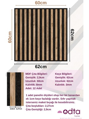 Odta 60X60CM Mdf (8mm) Akustik Ahşap Duvar Paneli, Atlantik Çam Rengi, Yalıtım Destekli Duvar Çıtası