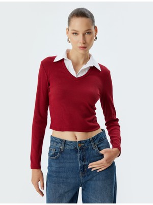 Koton Gömlek Yaka Tişört Uzun Kollu Kaşkorse Pamuklu Slim Fit