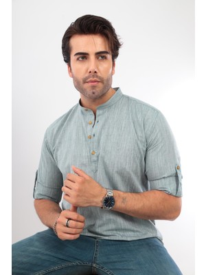 Fitmens Fitmens Slim Fit Uzun Kol Hakim Yaka Yarım Patlı Hediye Kutulu Erkek Gömlek - Yeşil