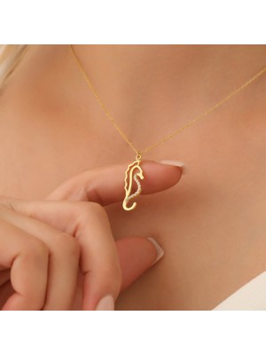 Nox Jewelry 14 Ayar Altın Mikron Kaplama Taşlı Denizatı Gümüş Kolye - Minimal Deniz Temalı Zirkon Taşlı Kadın Kolye