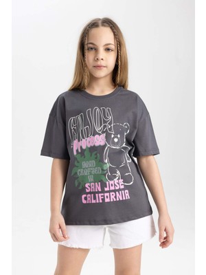 DeFacto Kız Çocuk Relax Fit Bisiklet Yaka Baskılı Kısa Kollu Tişört B5125A824HS