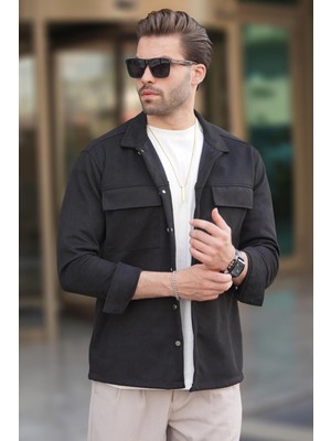 Madmext Siyah Cep Detaylı Gömlek Ceket Erkek Regular Kalıp Dokuma Kumaş 6748