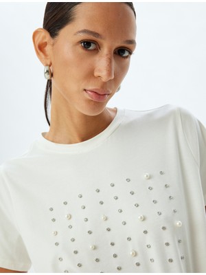 Koton Taşlı Kısa Kollu Tişört Bisiklet Yaka Pamuklu