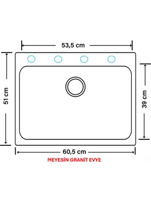 Meyesin Granit Evye Siyah Tek Gözlü Mutfak Evyesi 50 x 60 Cm.