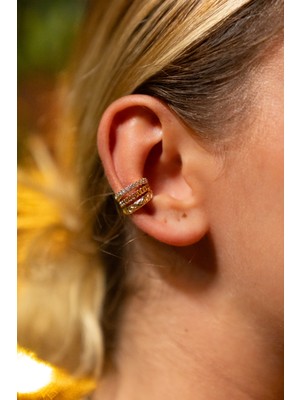 Moonjy Çelik Gold Kapitone Desenli 3 Sıra Earcuff