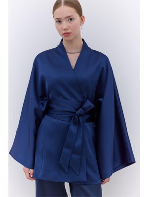 Manuka Saten Kemerli Kimono Lacivert