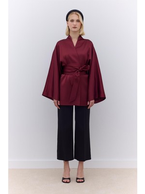 Manuka Saten Kemerli Kimono Bordo