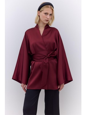 Manuka Saten Kemerli Kimono Bordo