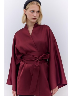 Manuka Saten Kemerli Kimono Bordo