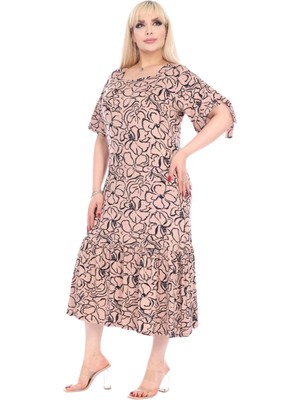 Melsay Butik Vizon Çiçek Desen Kolları Bağlamalı Kısa Kollu Kadın Midi Elbise