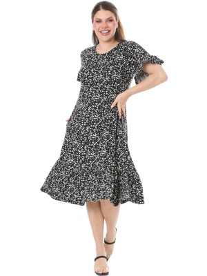 Melsay Butik Fırfırlı Cepli Siyah Çıtır Desenli Kısa Kollu Midi Elbise