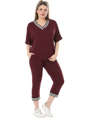 Melsay Butik Bordo V Yaka Şerit Detaylı Kısa Kollu Beli Lastikli Kapri Takım
