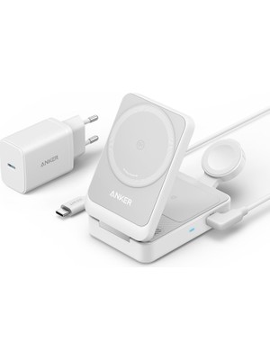 Anker Maggo Kablosuz Şarj Istasyonu (Katlanabilir 3'ü 1 Arada) - MagSafe için Apple Watch Şarj Cihazı (40W USB-C Şarj Cihazı Dahil) - B2557 - Beyaz
