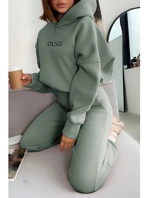 Trendseninle Kadın Su Yeşili Olso Baskılı Kapüşonlu Alt Üst Eşofman Takım