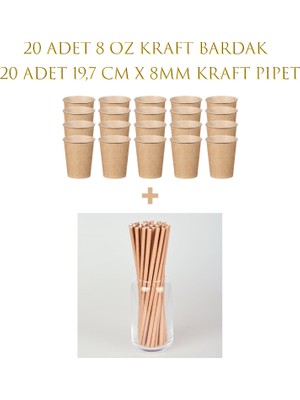 Kraft Kağıt 8 Oz Bardak ve 19,7 cm*8 mm Pipet Seti 20 Adet