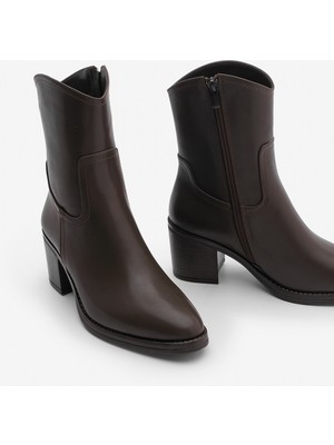 Marjin Kadın Fermuarlı Sivri Burun Kalın Topuklu Bot Tasim Kahve