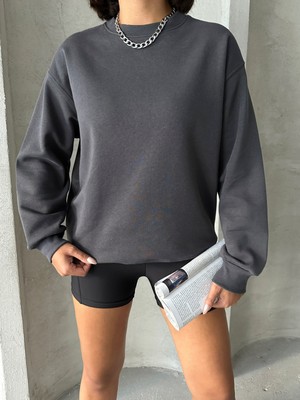 Cappmoda SWT-14258 Füme Basic Iki Iplik Şardonlu Mevsimlik Kumaş Bisiklet Yaka Sweatshirt