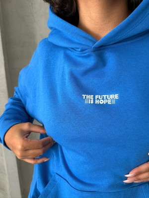 Cappmoda TKM-03624 Saks Mavisi The Future Is Hope Yazılı Mevsimlik Kumaş Kapüşonlu Sweatshirt Çimalı Jogger Ikili Takım