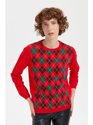 Desen Triko Kadın Sıfır Yaka Önü Baklava Desenli Yün Kazak Mercan