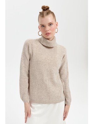 Desen Triko Kadın Tam Balıkçı Yaka Klasik Yün Kazak V.bej