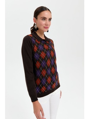 Desen Triko Kadın Polo Yaka Önü Baklavalı Yün Kazak K.kahve