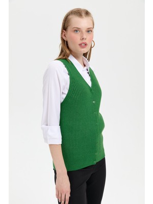 Desen Triko Kadın V Yaka Dikişsiz Yelek K.yosun