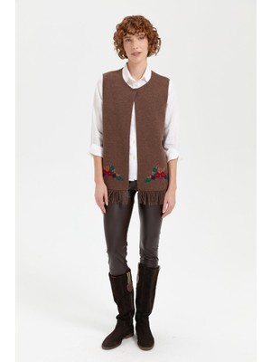 Desen Triko Kadın Sıfır Yaka Eteği Işlemeli Yün Yelek D.kahve