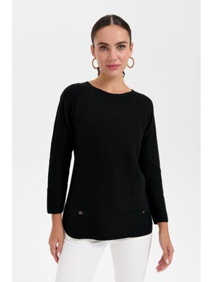 Desen Triko Kadın Sıfır Yaka Dikişsiz Kazak Siyah