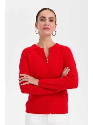 Desen Triko Kadın Sıfır Yaka Dikişsiz Fermuarlı Yün Hırka Mercan