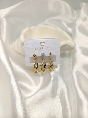 Rosa Juliet Jewelry Kadın Gold Kararma Yapmayan 6'lı Zincir Model Halka ve Top Küpe Set