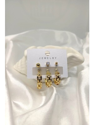 Rosa Juliet Jewelry Kadın Gold Kararma Yapmayan 6'lı Zincir Model Halka ve Top Küpe Set