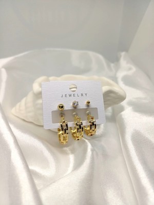 Rosa Juliet Jewelry Kadın Gold Kararma Yapmayan 6'lı Zincir Model Halka ve Top Küpe Set