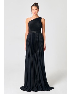 Setre Siyah Tek Omuzlu Belden Kemer Ve Etekten Transparan Detaylı Abiye Elbise