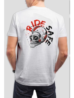 T-35 Motorcu Kurukafa Baskılı Beyaz Unisex Tişört C1018