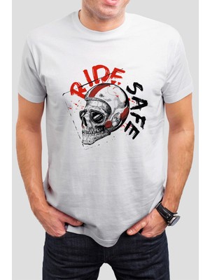 T-35 Motorcu Kuru Kafa Baskılı Beyaz Unisex Tişört C1019