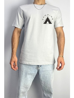 Erkek Camping Baskılı Gri Oversize T-Shirt