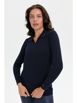 Desen Triko Kadın Polo Yaka Yakası Işlemeli Bluz K.lacivert