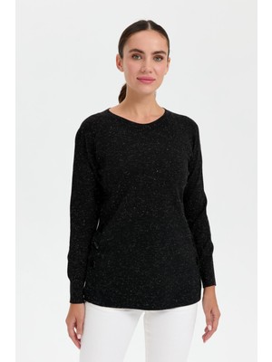 Desen Triko Kadın Sıfır Yaka Dikişsiz Yanları Düğmeli Simli Bluz Siyah