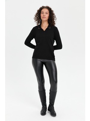 Desen Triko Kadın Polo Yaka Yakası Işlemeli Bluz Siyah