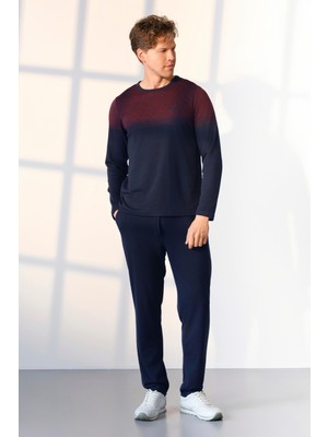 Doreanse Büyük Beden Erkek Lacivert Bordo Detaylı T-Shirt Pijama Takımı 25K4535P