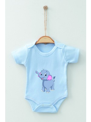 Adabebek Pamuk Organik Fil Desenli Kısa Kollu Badi Bebek Zıbın