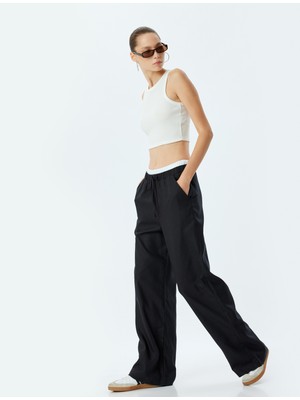 Koton Geniş Paça Pantolon Keten Karışımlı Çift Bel Detaylı Bağcıklı Cepli