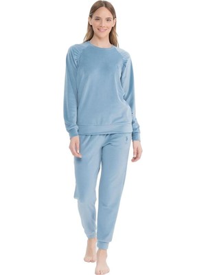 U.S. Polo Assn. 17092 Kadın Uzun Kollu Kadife Paçası Lastikli Rahat Ev Giyim-Mavimelanj