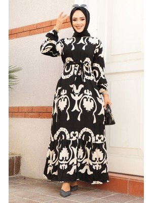 Neva Style Desenli Siyah Tesettür Elbise 23433S